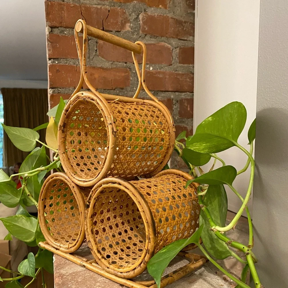 Go rage rattan wicker bamboo wine holder rack with handle holds 3 wine bottles - Picture 2 of 4